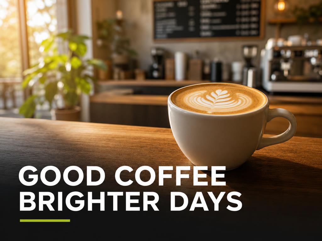 Flat white with latte art on a café counter, with the words Good Coffee Brighter Days